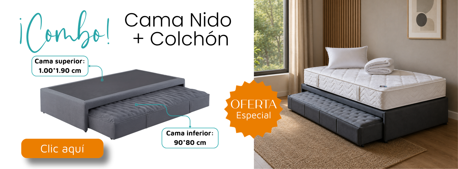 Disfruta la practicidad de la cama nido con colchón incluido. Un combo pensado para tu descanso y ahorro. Solicita información por WhatsApp.